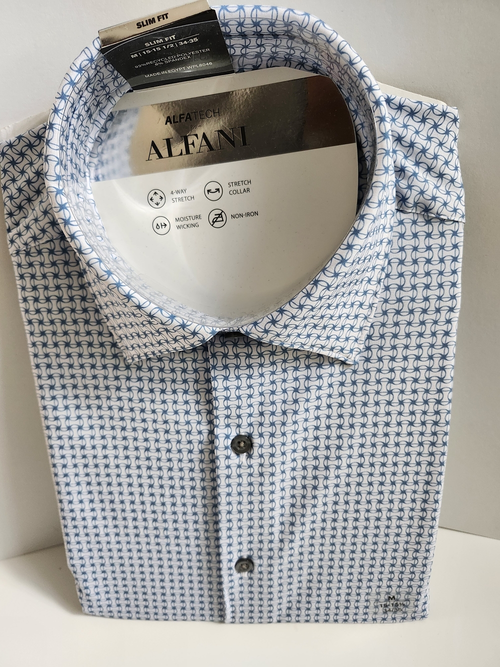 Alfani White Dress Shirt with Blue Geometric Print - Slim Fit